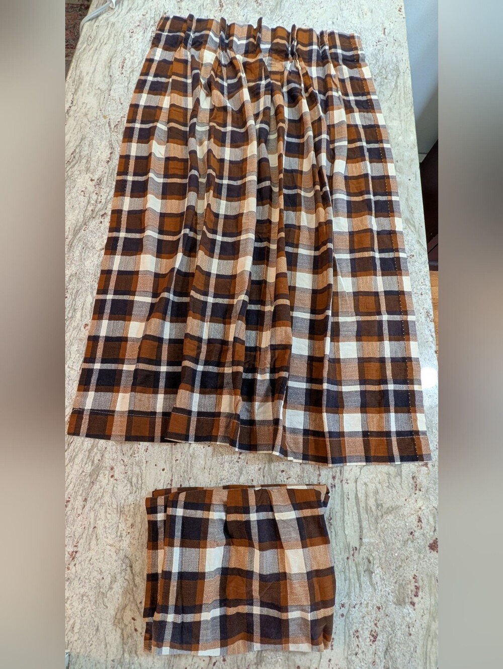 Mid Century Modern Curtain Panels Hand Made Brady Bunch Brown White Amber Plaid